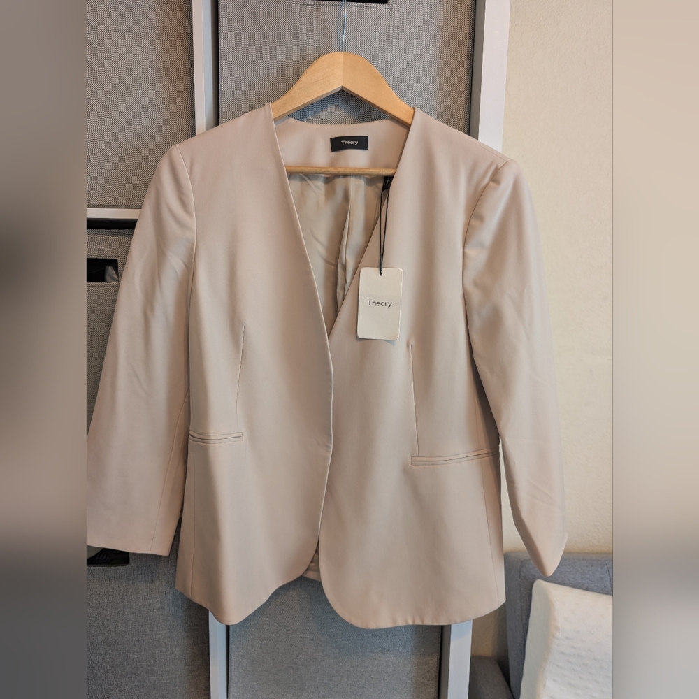 Theory Collarless Wool Blend Blazer Pale Sand Size 12